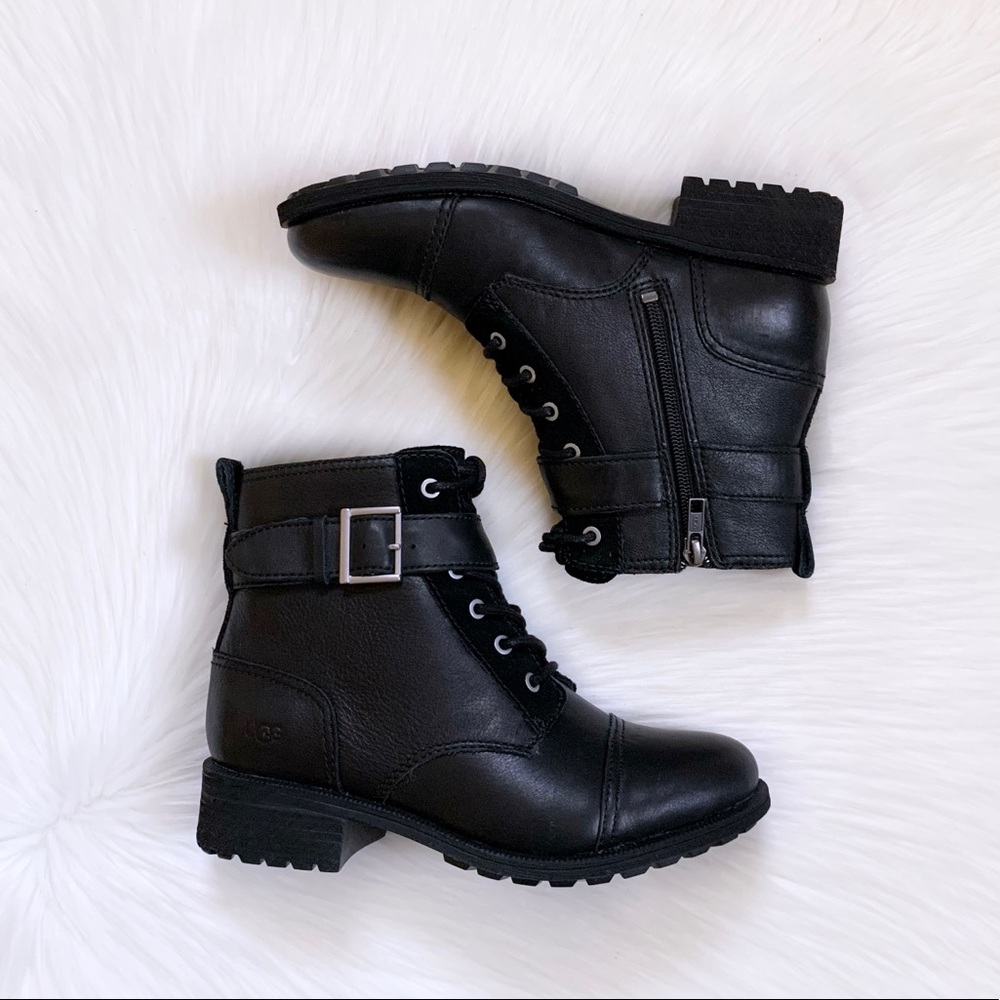 UGG Jaidyn Black Leather Cozy Combat Boots - Picture 2 of 9